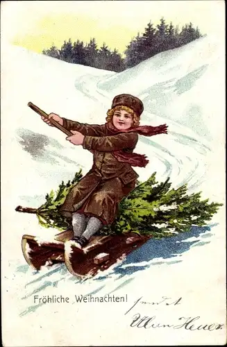 Ak Frohe Weihnachten, Kind auf einem Schlitten, Tannenbaum