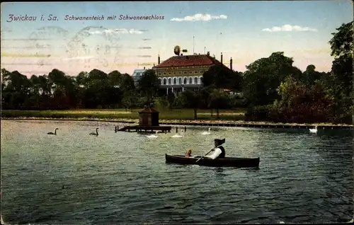 Ak Zwickau in Sachsen, Blick auf den Schwanenteich mit Schloss, Ruderer