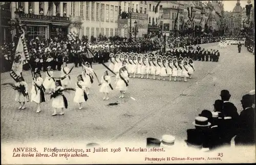 Ak Antwerpen Anvers Flandern, Fête patriotique 1908, Vaderlandsfeest, Les écoles libres