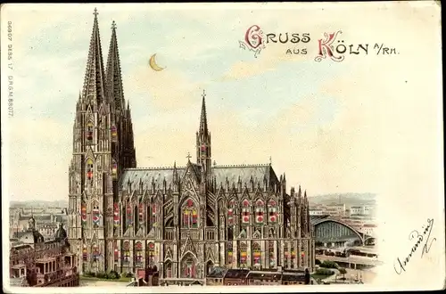 Halt gegen das Licht Litho Köln am Rhein, Blick auf den Dom, Stadtansicht