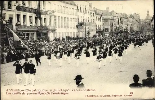 Ak Antwerpen Anvers Flandern, Fête patriotique 1908, Vaderlandsfeest, Les sociétés gymnastique