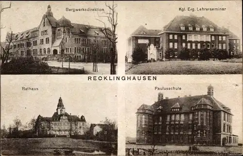 Ak Recklinghausen im Ruhrgebiet, Bergwerksdirektion, Lehrerseminar, Rathaus, Paulusschule