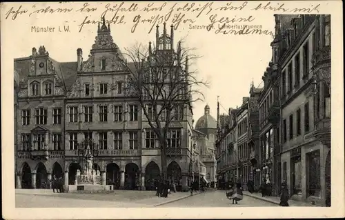Ak Münster in Westfalen, Partie auf der Salzstraße mit Blick zum Lambertusbrunnen