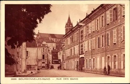 Ak Bourbonne les Bains Haute Marne, Rue des Bains, Mercerie, Kirchturm, Wohnhäuser