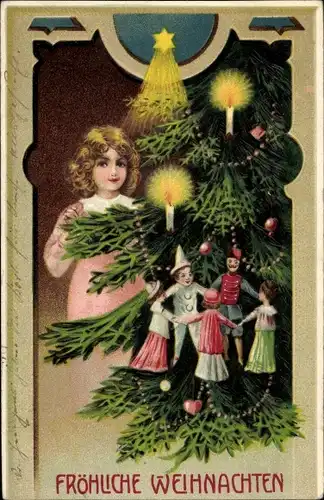 Präge Ak Frohe Weihnachten, Tannenbaum, Kind, Puppen