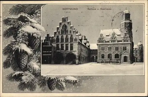 Passepartout Ak Dortmund im Ruhrgebiet, Blick auf Rathaus und Sparkasse im Winter, Tannenzapfen