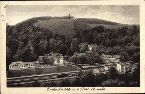 Ak Rentzschmühle Pöhl im Vogtland, Blick auf Ortschaft, Hotel Steinicht und Bahnhof