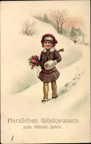 Litho Glückwunsch Neujahr, Kind in einer Winterlandschaft, Rosenstrauß