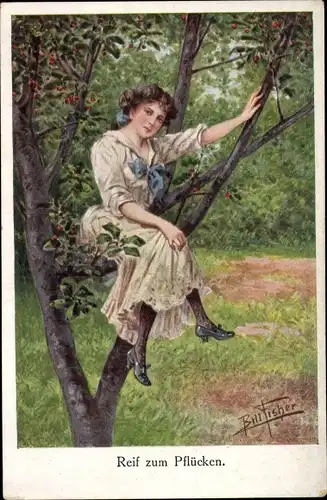 Künstler Ak Fisher, Bill, Reif zum Pflücken, junges Mädchen auf einem Kirschbaum