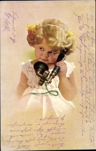 Künstler Ak Blondes Mädchen mit Telefonhörer in der Hand, Blumen im Haar