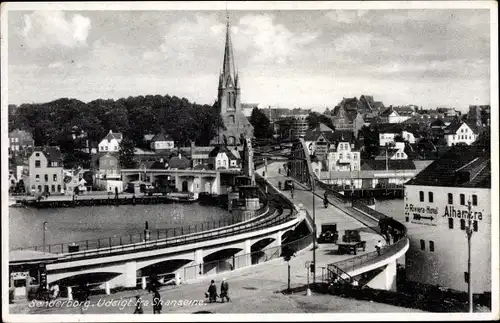 Ak Sønderborg Sonderburg Dänemark, Udsigt fra Skanserne, Alhambra, Brücke, Bahnstrecke, Kirche