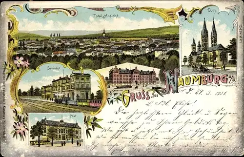 Litho Naumburg an der Saale, Totalansicht, Dom, Bahnhof, Post, Kaserne