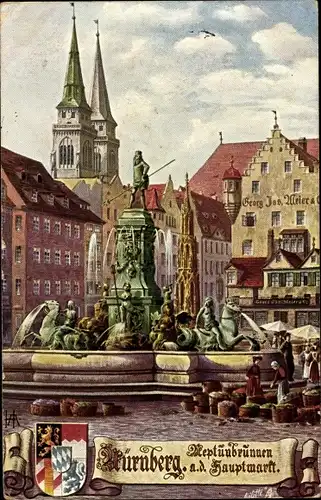 Künstler Ak Nürnberg in Mittelfranken Bayern, Neptunbrunnen auf dem Hauptmarkt, Wappen