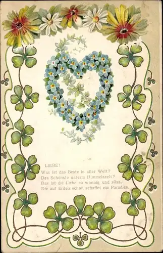 Präge Litho Allegorie, Liebe, Herz aus Vergissmeinnichtblüten, Kleeblätter