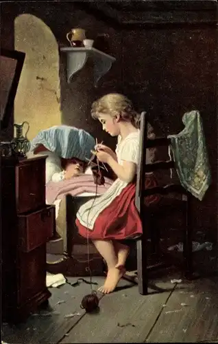 Künstler Ak Meyer, Johann Georg, Das kleine Mütterchen, strickendes Mädchen, Stengel 29086