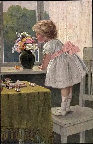 Künstler Ak Borrmeister, R., Riechst du gut, Mädchen riecht an einem Blumenstrauß, Puppe