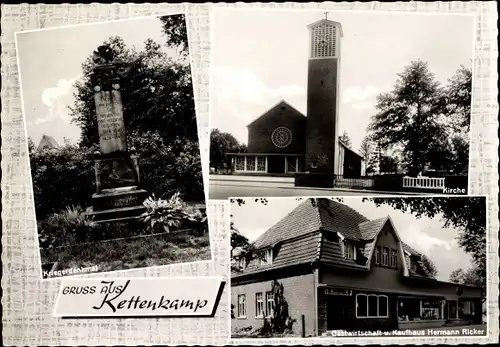 Passepartout Ak Kettenkamp Ankum in Niedersachsen, Kriegerdenkmal, Kirche, Gast- und Kaufhaus Ricker