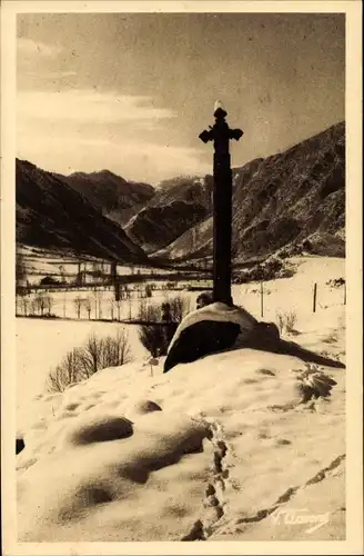 Ak Andorra, Croix de terme en hiver, Winterlandschaft