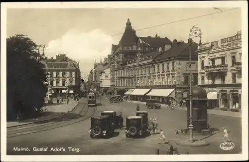 Ak Malmö Schweden, Gustaf Adolfs Torg, Straßenansicht, Autos, Straßenbahn Linie 1