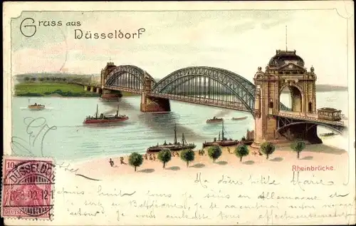 Litho Düsseldorf am Rhein, Blick auf die Rheinbrücke