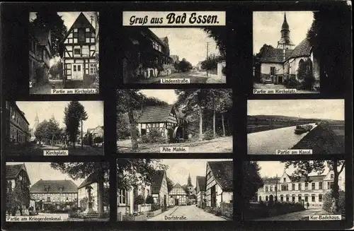 Ak Bad Essen in Niedersachsen, Kirchplatz, Lindenstraße, Alte Mühle, Badehaus, Dorfstraße, Denkmal