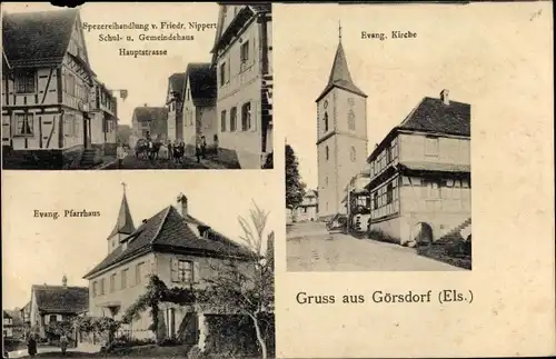 Ak Goersdorf Görsdorf Bas Rhin, Handlung von F. Nippert, Gemeindehaus, Hauptstraße, Pfarrhaus