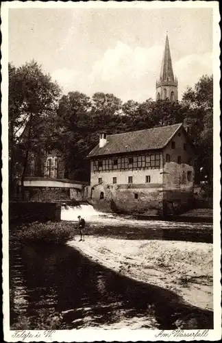 Ak Telgte in Nordrhein Westfalen, Am Wasserfall, Kirchturm