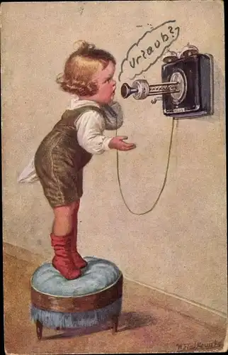 Künstler Ak Fialkowska, Wally, Junge an einem Telefonapparat
