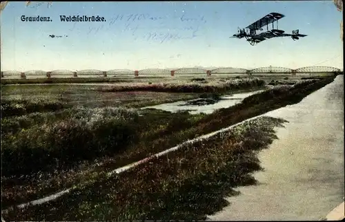 Ak Grudziądz Graudenz Westpreußen, Blick auf die Weichselbrücke, Doppeldecker