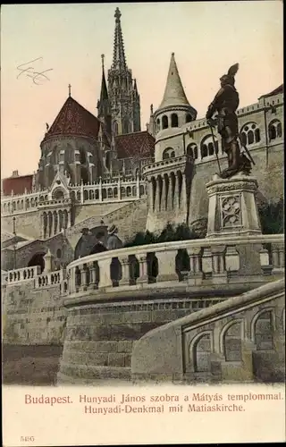 Ak Budapest Ungarn, Hunyadi Denkmal mit Matthiaskirche, Stadtansicht