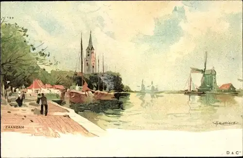 Künstler Litho Zaandam Zaanstad Nordholland, Wasserpartie, Windmühle, Kirchturm