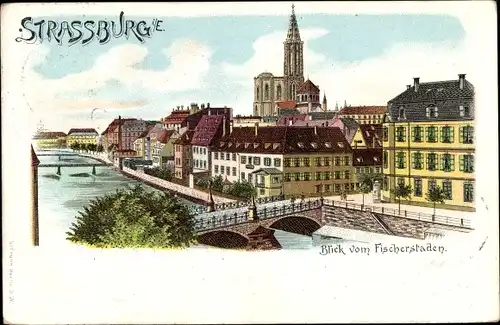 Litho Strasbourg Straßburg Elsass Bas Rhin, Blick vom Fischerstaden, Brücke