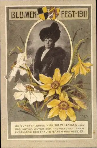 Passepartout Ak Blumenfest 1911, Gräfin von Wedel,Zu Gunsten eines Krüppelheims für Elsaß Lothringen