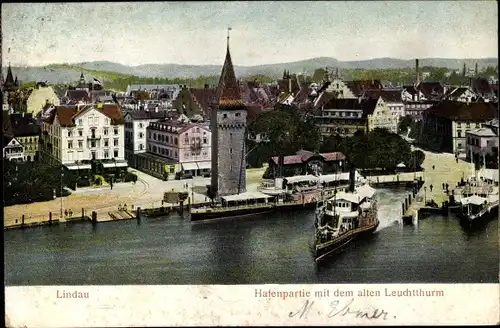 Relief Ak Lindau am Bodensee Schwaben, Hafenpartie mit dem alten Leuchtturm