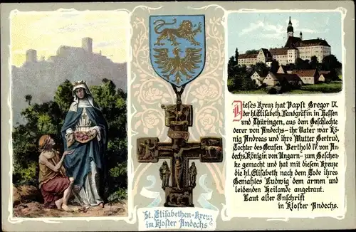 Präge Wappen Ak Andechs in Oberbayern, St. Elisabethen Kreuz im Kloster Andechs