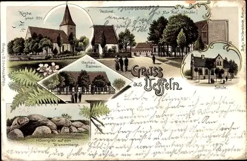 Litho Ueffeln Bramsche in Niedersachsen, Zur Post v. Strubbe, Gasthaus Ballmann, Kirche, Schule