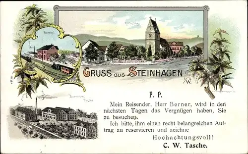 Litho Steinhagen in Westfalen, Brennerei Tasche, Besuchsanzeige C. W. Tasche, Herr Berner, Bahnhof