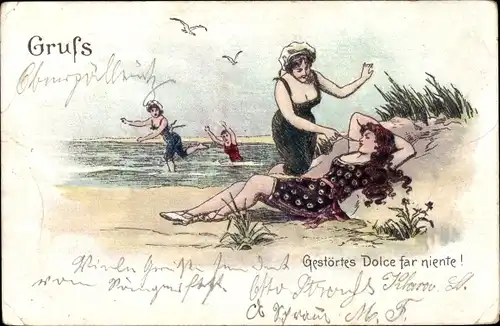 Litho Gestörtes Dolce far niente, Junge Frauen am Strand