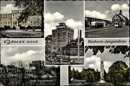 Ak Bochum im Ruhrgebiet, Ansichten, Brauerei, Bahnhof, Ehrenmal, Knappschaftskrankenhaus, Zeche