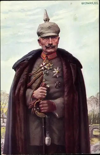 Künstler Ak Fischer, Art., Kaiser Wilhelm II., Mantel, Säbel, Pickelhaube, Portrait