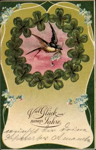 Präge Litho Glückwunsch Neujahr, Schwalbe mit Blume im Schnabel, Kleeblätter