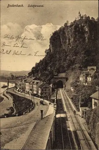 Ak Děčín Tetschen Bodenbach Elbe Reg. Aussig, Blick auf die Schäferwand, Gleise