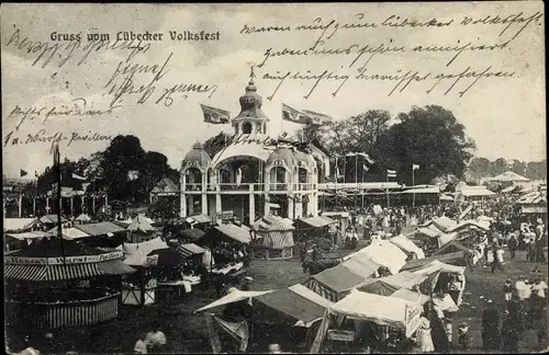 Ak Lübeck, Lübecker Volksfest, Verkaufsstände, Hansa Wurst Pavillon, Postkarten, Besucher