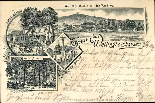 Litho Wellingholzhausen Melle in Niedersachsen, Ort mit dem Beutling, Hotel Dütting, Kriegerdenkmal