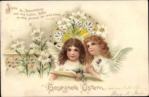 Haltgegendaslicht Litho Glückwunsch Ostern, Engel, Weiße Lilien, Joh 11,23