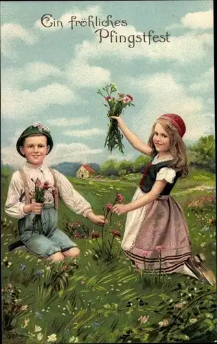 Präge Litho Glückwunsch Pfingsten, Junge und Mädchen pflücken Wiesenblumen, EAS