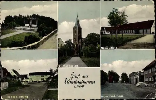 Ak Sünninghausen Oelde im Münsterland, Ehrenmal, Kirche, Schule, Industrie Anlage, Siedlung
