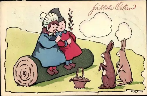 Künstler Ak Glückwunsch Ostern, Zwei Osterhasen, Ostereierkorb, Paar