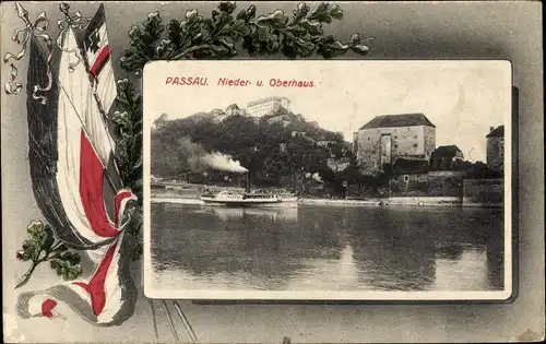 Passepartout Ak Passau in Niederbayern, Nieder- und Oberhaus, Donaudampfer, Brücke, Fahnen 
