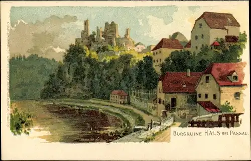 Künstler Litho Hals Passau in Niederbayern, Blick zur Burgruine